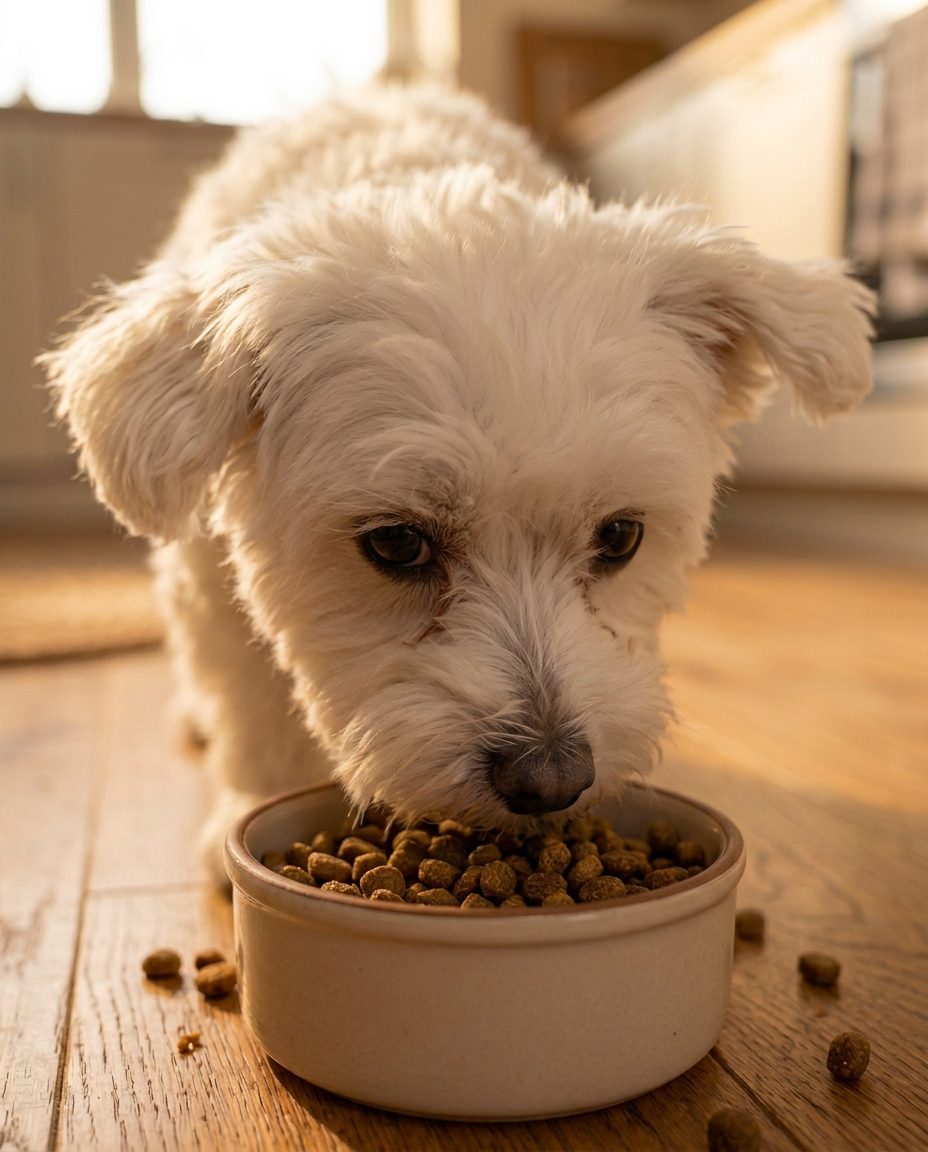 A dog sniffing its bowl of kibble
