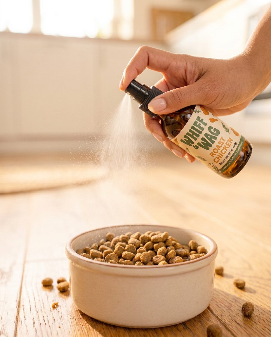 A hand spraying Whiff & Wag Roast Chicken right onto the bowl of kibble