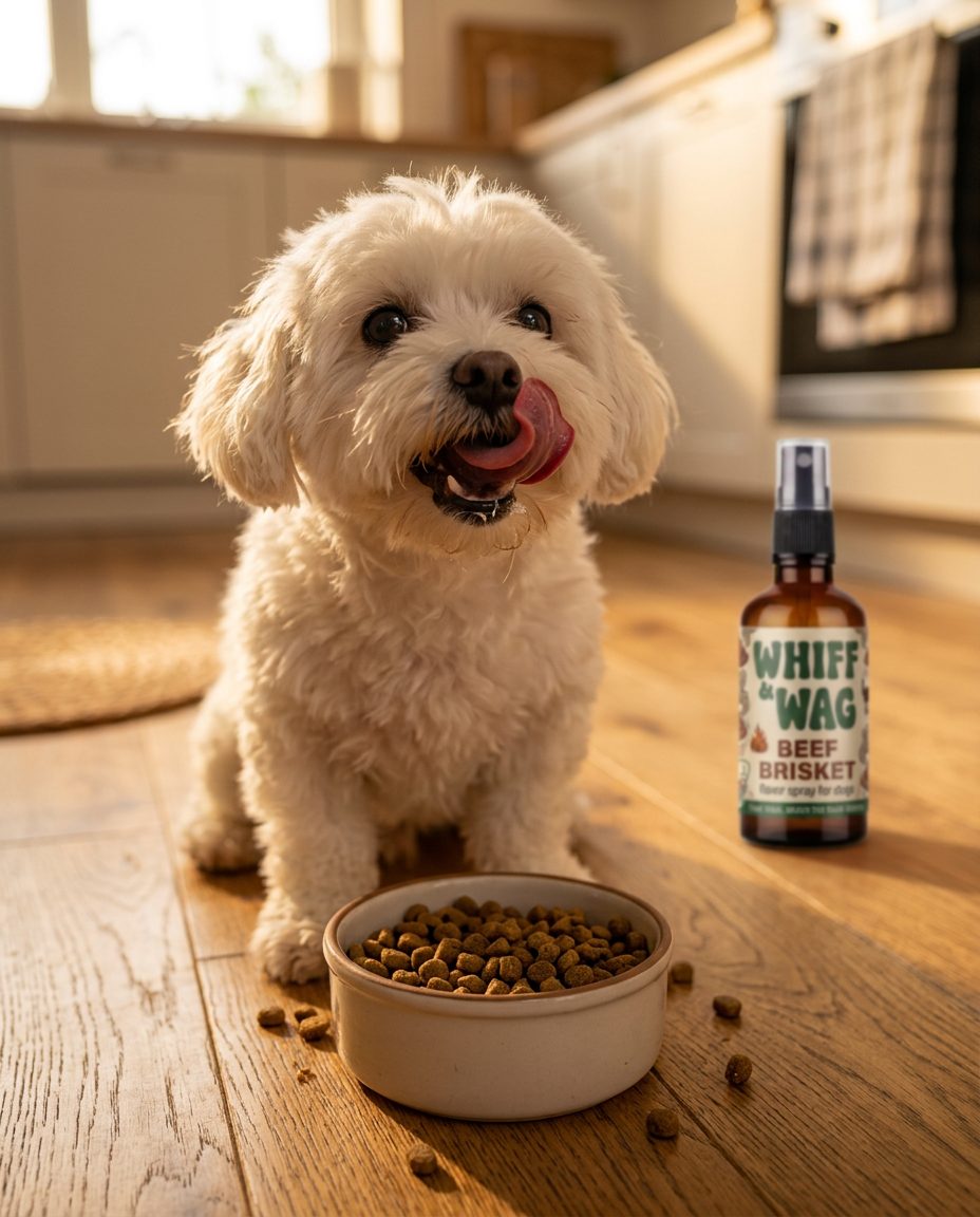 A happy dog licking its chops next to a bowl of kibble and a Whiff & Wag amber spray bottle